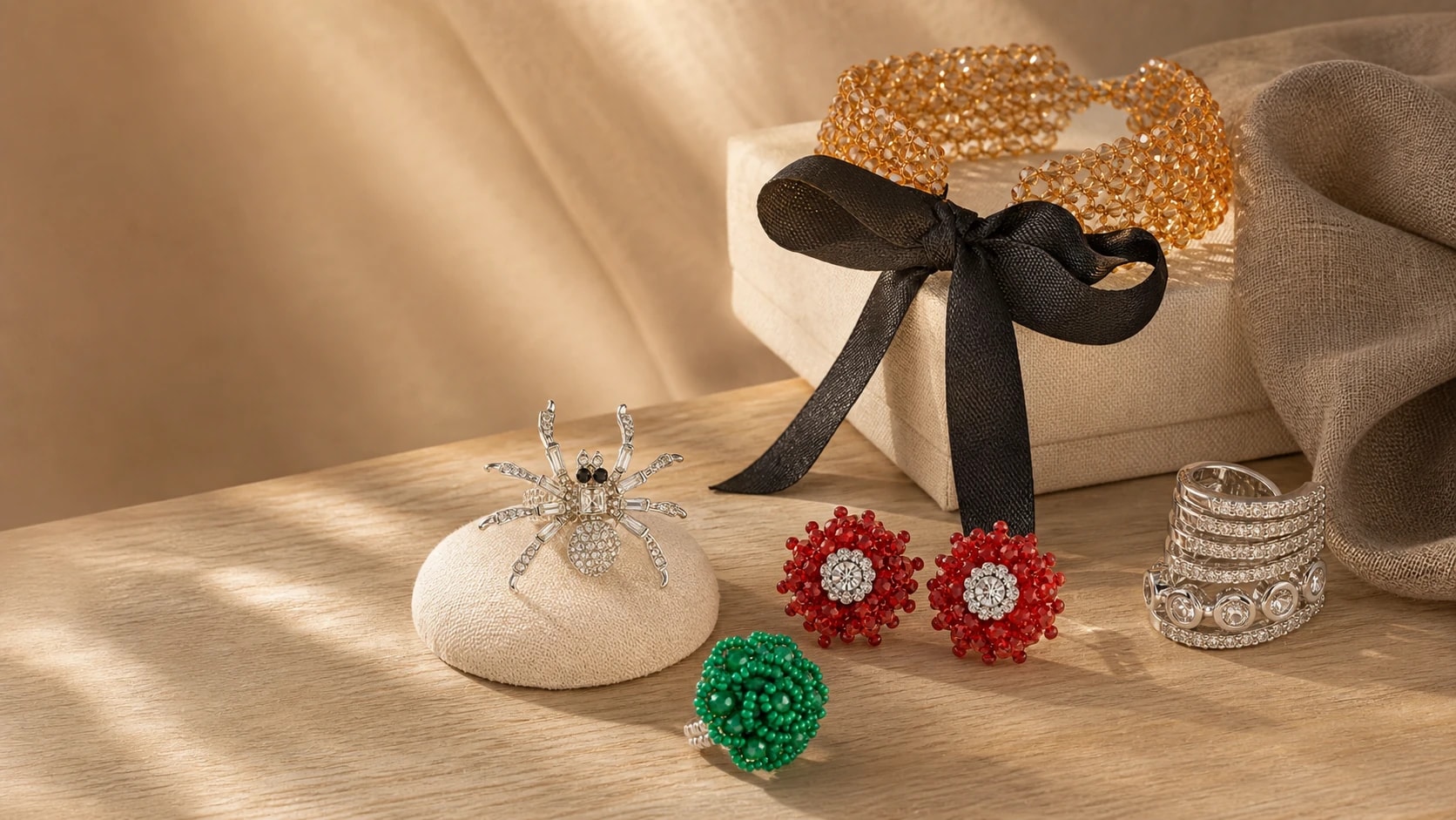 Nuevas piezas Satora: gargantilla Panal Caramelo, anillo Araña, aros Roseta rojos, anillo Miraflores verde y Cuff Rita